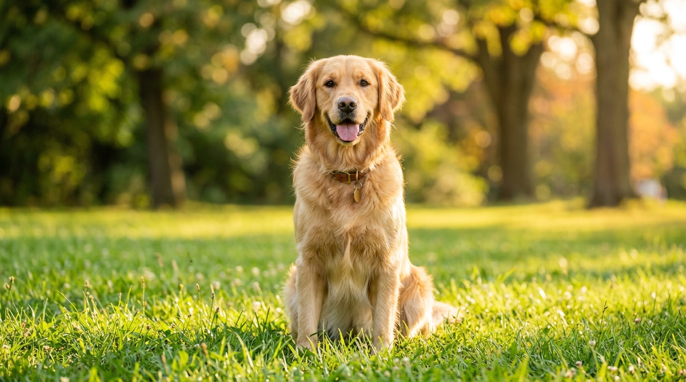 Goldener Hund sitzt glücklich im Sonnenschein