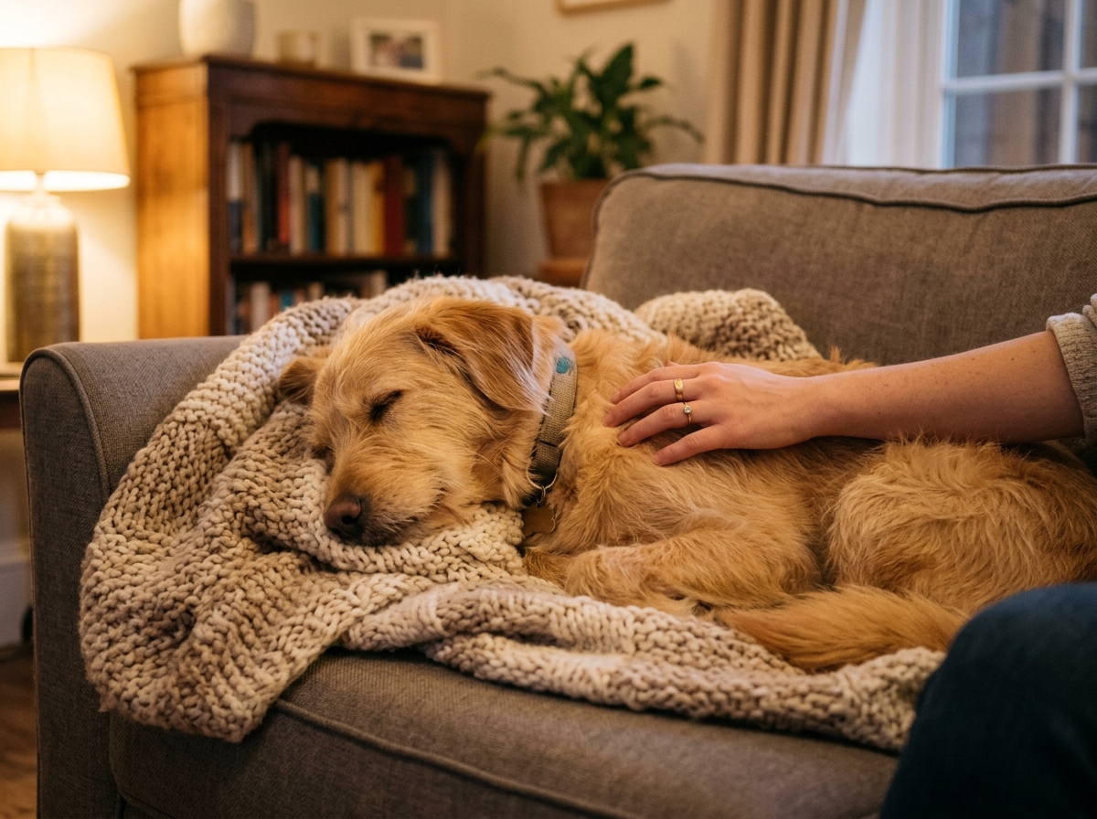 Zufriedener Hund schlummert friedlich auf einer gemütlichen Decke neben seinem Halter