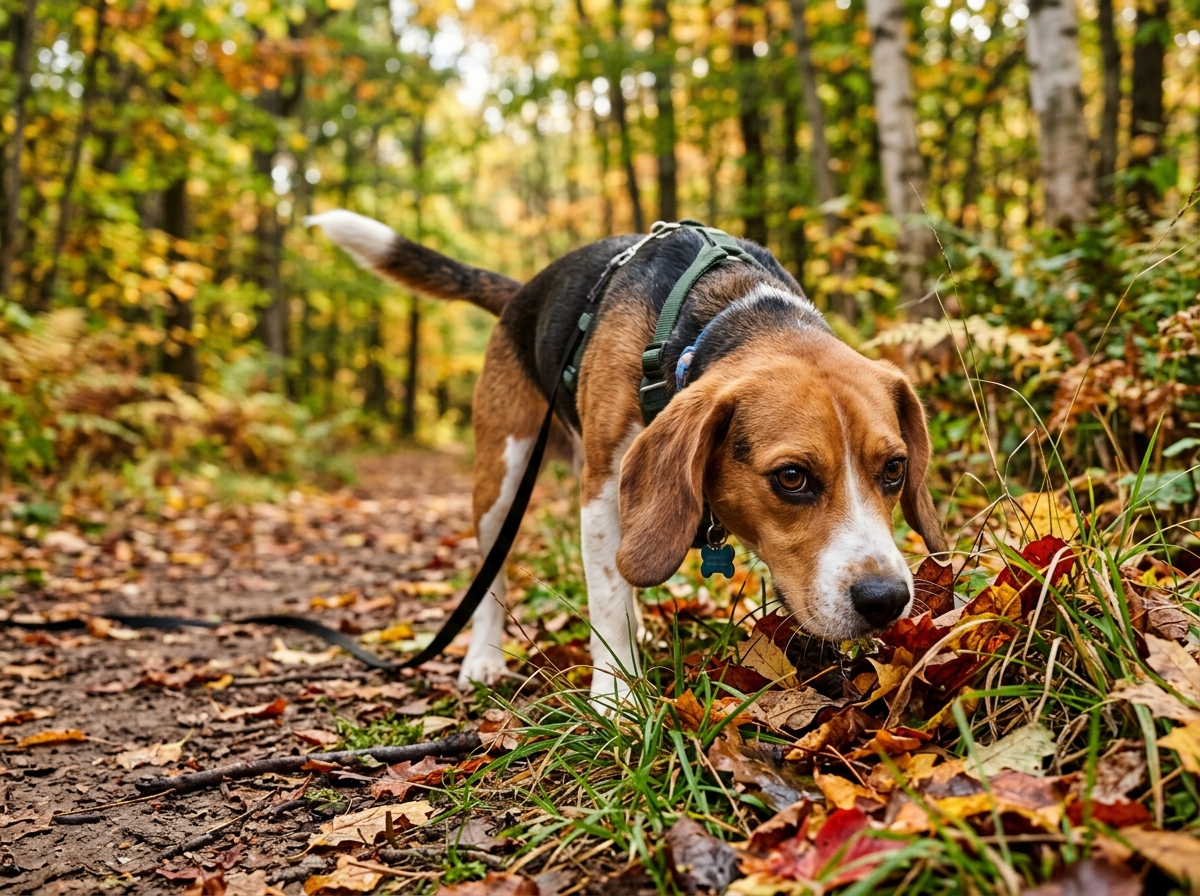 Aufmerksamer Hund schnüffelt intensiv an frischen Blättern auf dem Waldboden