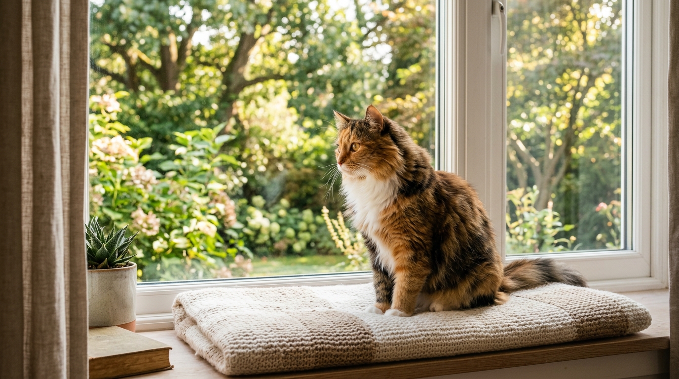 Aufmerksame Katze sitzt gemütlich auf einer weichen Decke am sonnigen Fenster