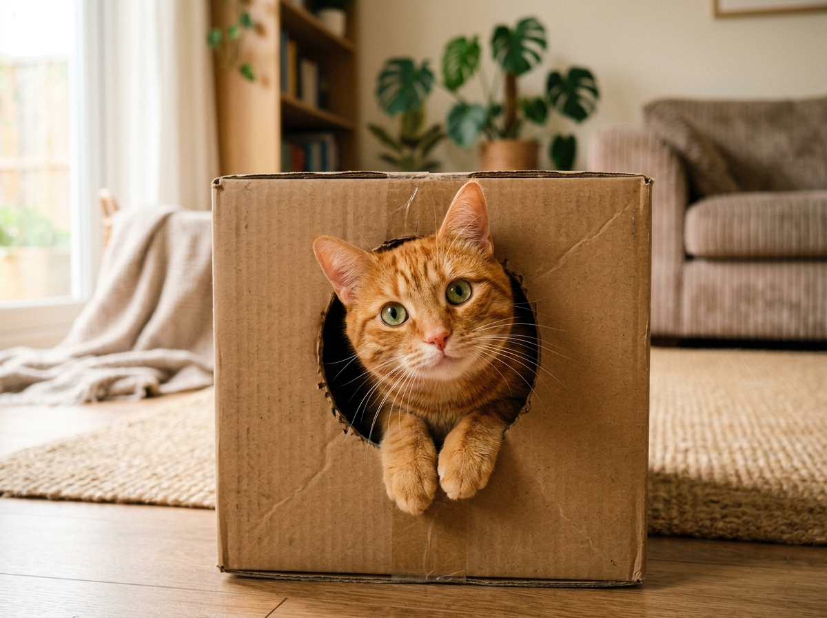 Neugierige Katze blickt vergnügt aus einem gemütlichen Karton hervor