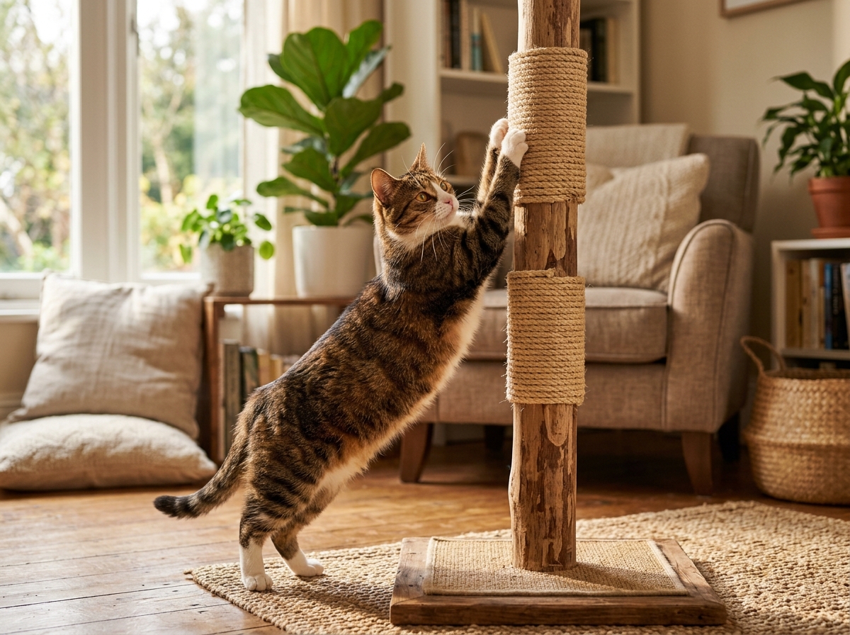 Hauskatze streckt sich genüsslich an einem stabilen Sisalkratzbaum